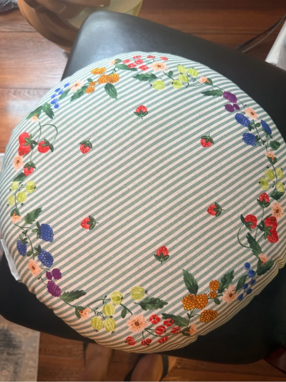 Anthropologie Striped Round pillow with Embroidered strawberries & flowers